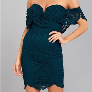 Lulu’s Teal Lace Strapless Off the Shoulder Dress